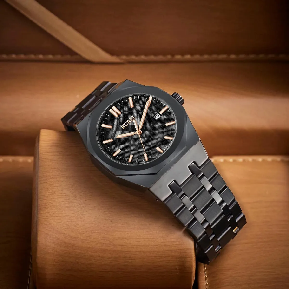 BUREI Fashion Minimalist Business Men's Wrist Watches Stainless Steel Waterproof Quartz Watch for Man