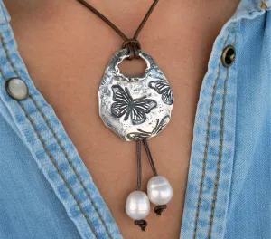 Butterfly Pearl and Leather Necklace