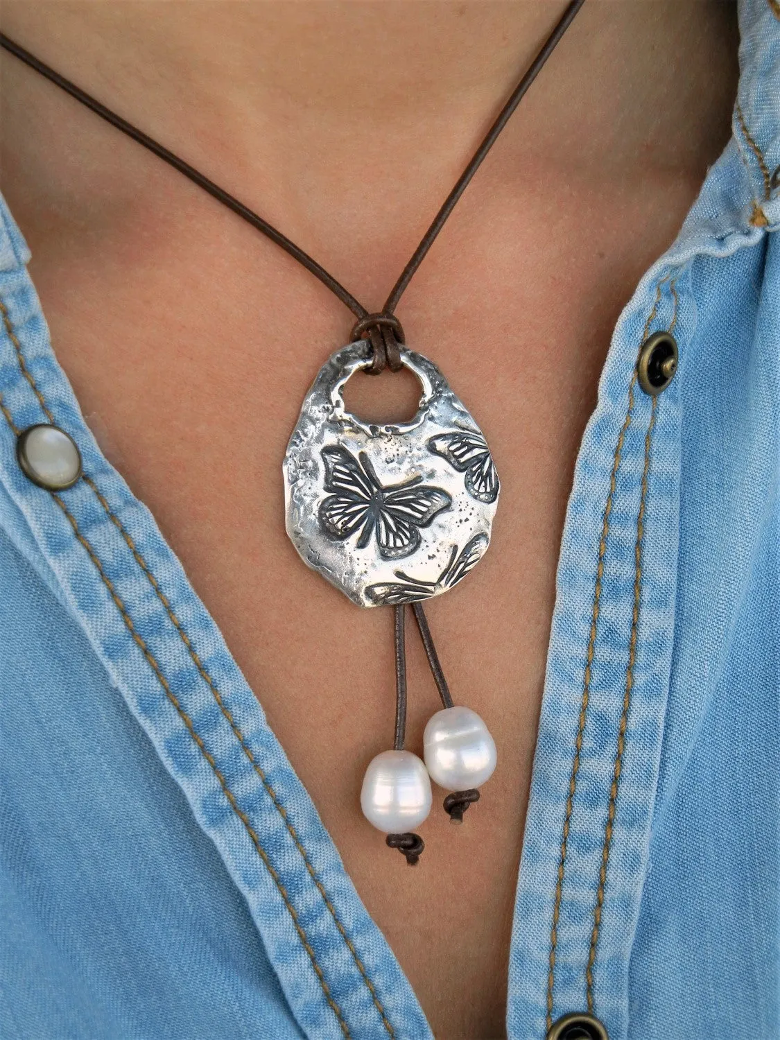 Butterfly Pearl and Leather Necklace