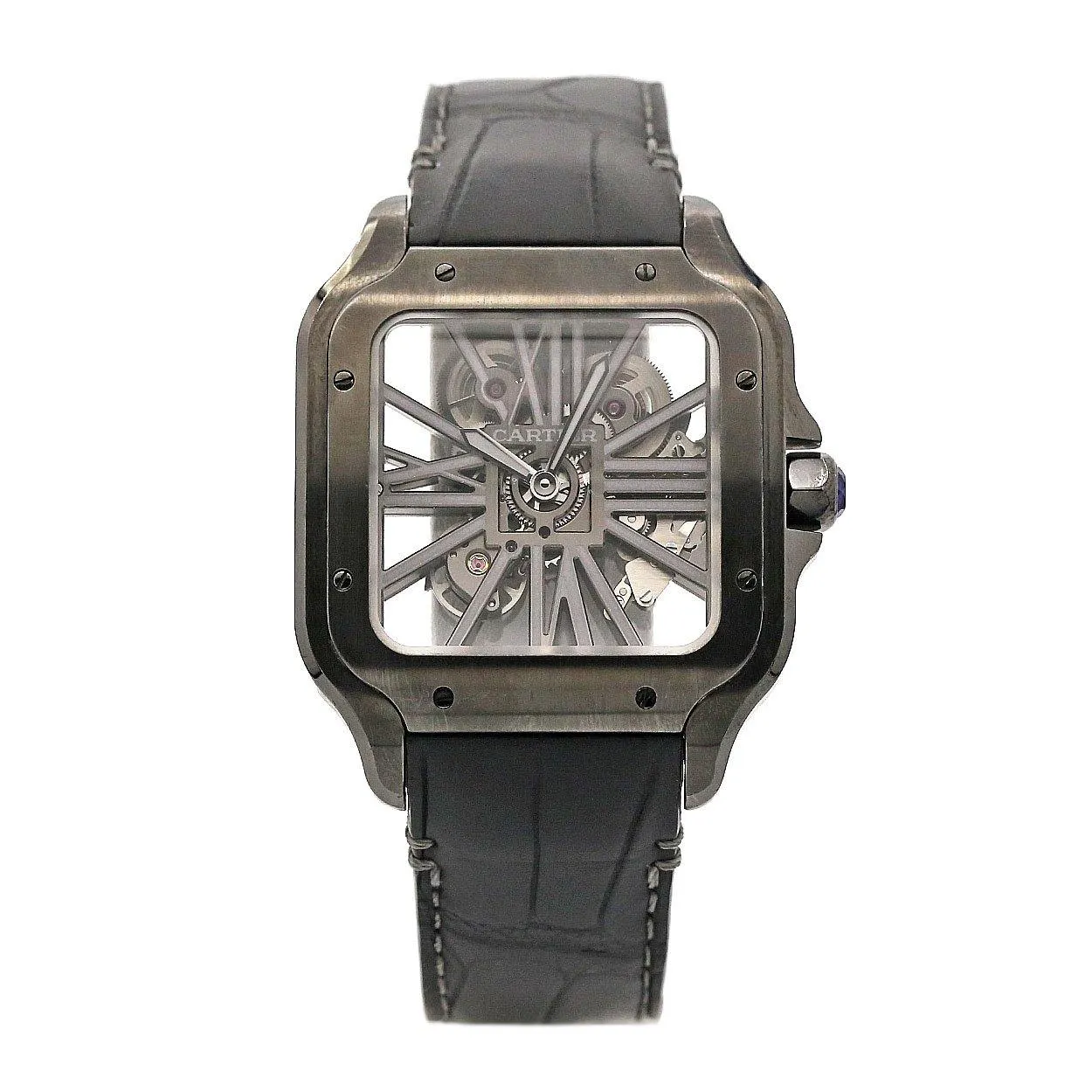 Cartier Santos de Cartier 39.8mm Watch - Ref: WHSA0009 - Skeleton Roman Dial, Black Leather Strap