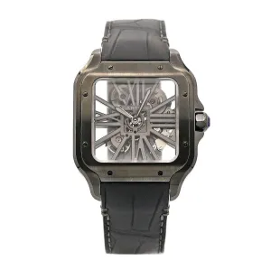Cartier Santos de Cartier 39.8mm Watch - Ref: WHSA0009 - Skeleton Roman Dial, Black Leather Strap