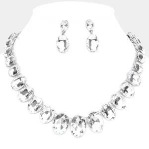 Clear Oval Stone Link Pageant Necklace Set | Prom Jewelry | Evening Jewelry |  529042