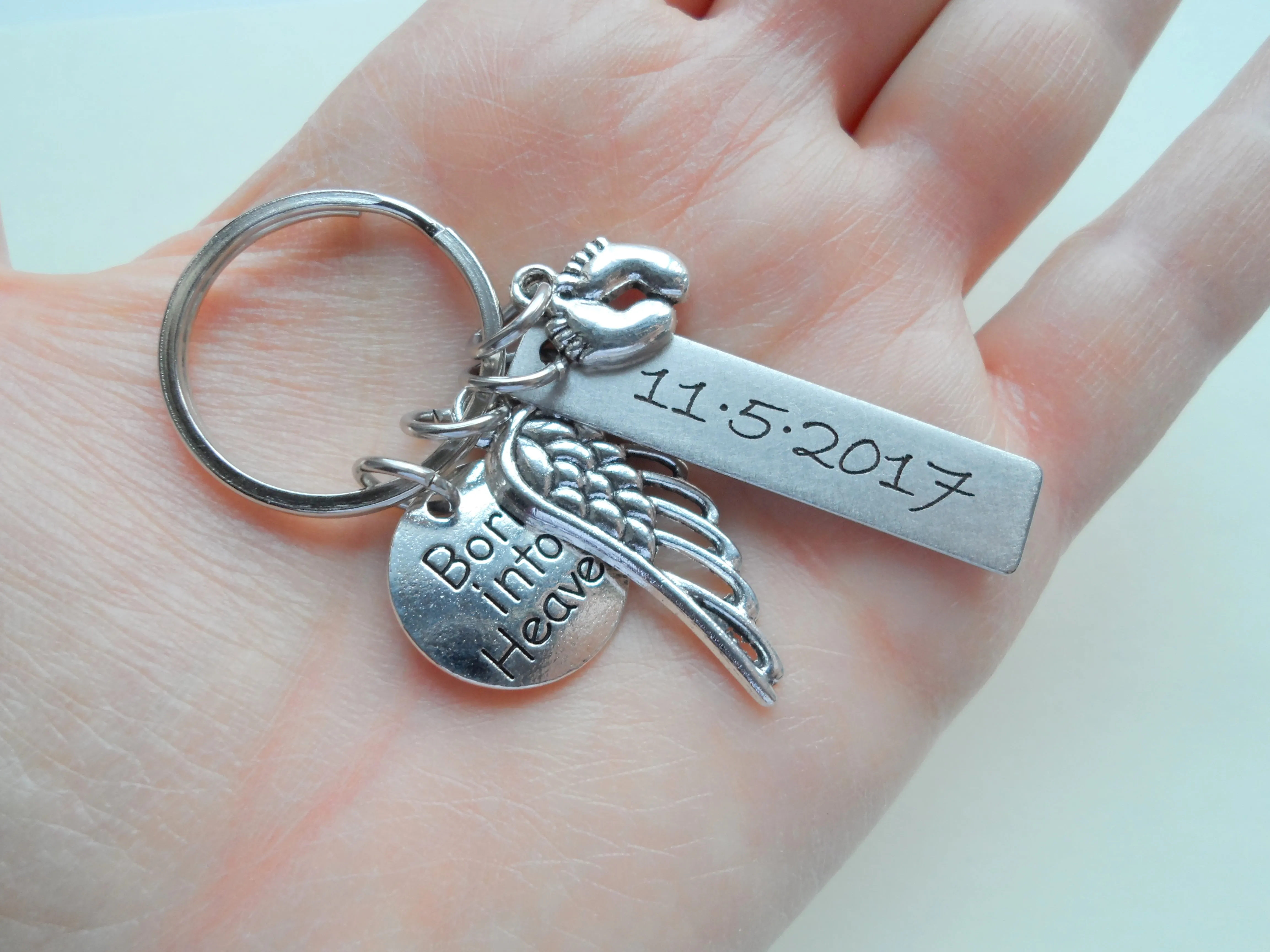 Custom Engraved Baby Memorial Keychain • Born into Heaven Keychain w/ Baby Feet & Wings Charm | Jewelry Everyday