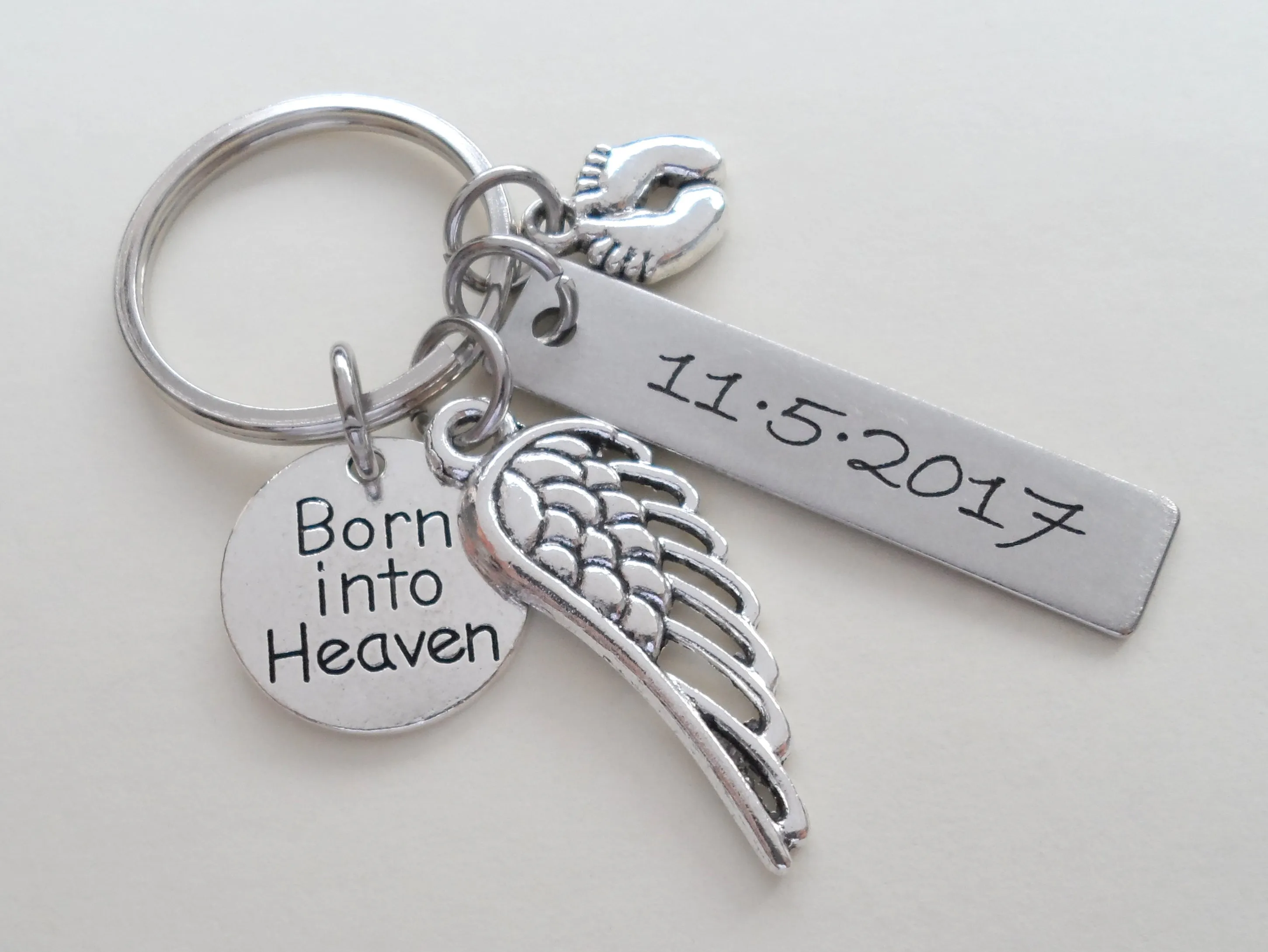 Custom Engraved Baby Memorial Keychain • Born into Heaven Keychain w/ Baby Feet & Wings Charm | Jewelry Everyday