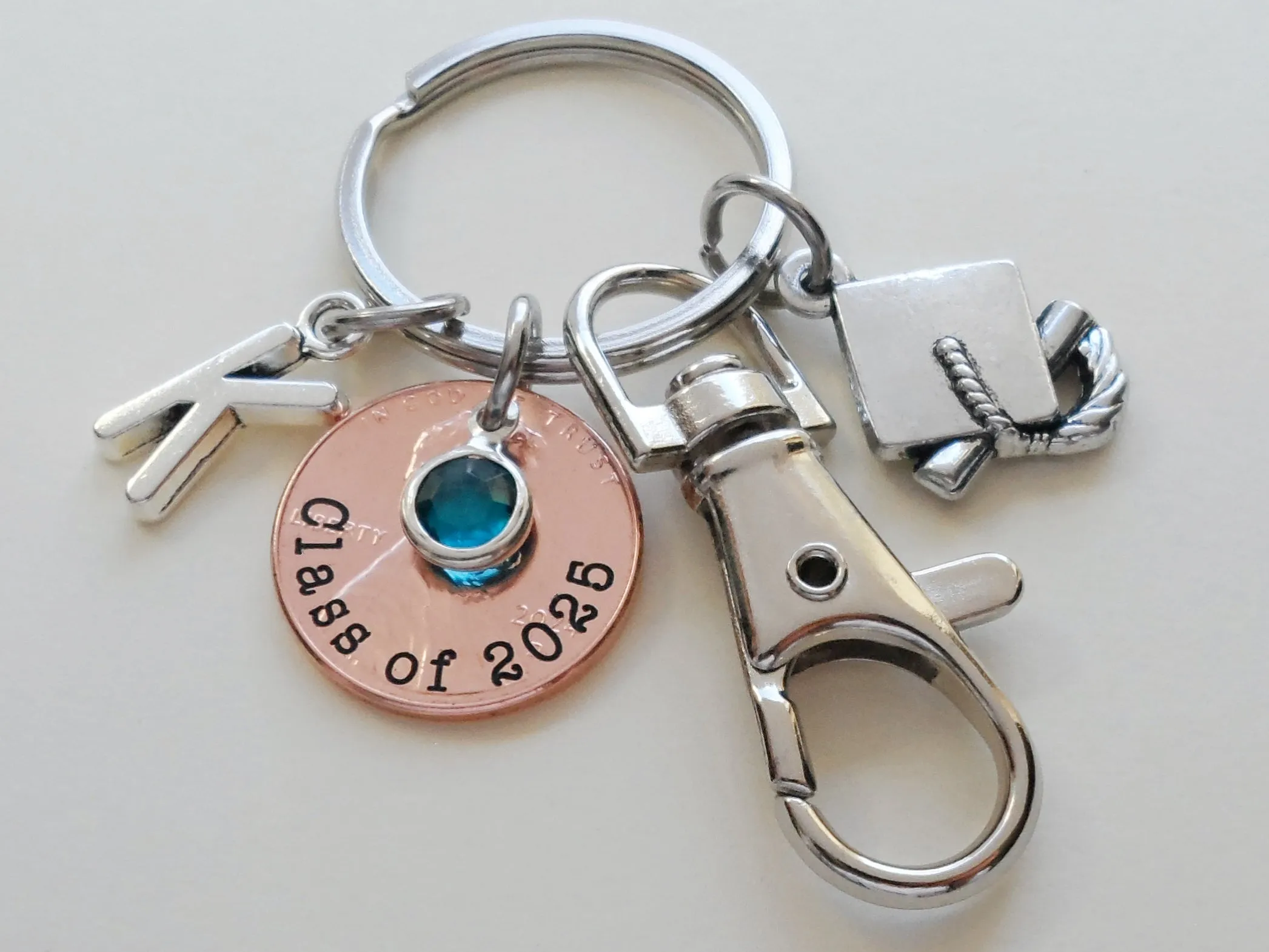 Custom "Class of 2025" Engraved Penny Keychain with Graduation Cap Charm, Clasp & Birthstone Charm, Personalized Graduate Keychain by Jewelry Everyday