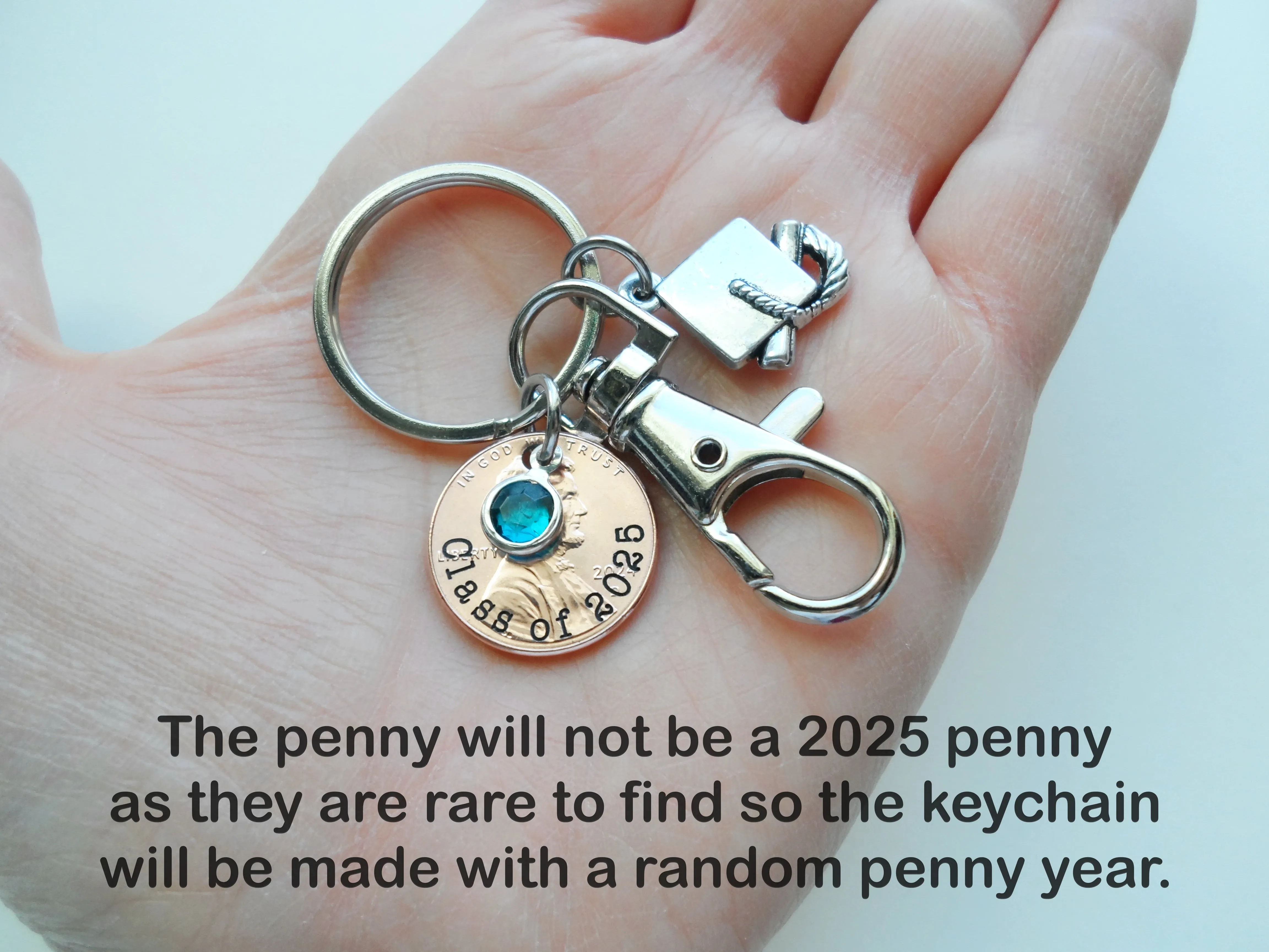Custom "Class of 2025" Engraved Penny Keychain with Graduation Cap Charm, Clasp & Birthstone Charm, Personalized Graduate Keychain by Jewelry Everyday