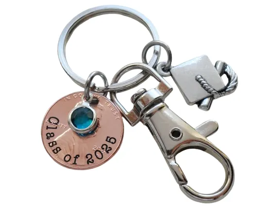 Custom "Class of 2025" Engraved Penny Keychain with Graduation Cap Charm, Clasp & Birthstone Charm, Personalized Graduate Keychain by Jewelry Everyday