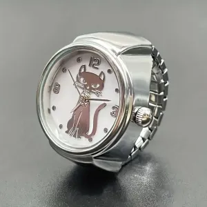 Cute Cartoon Cat Quartz Ring Watch – Unisex, Elastic, Gift Idea