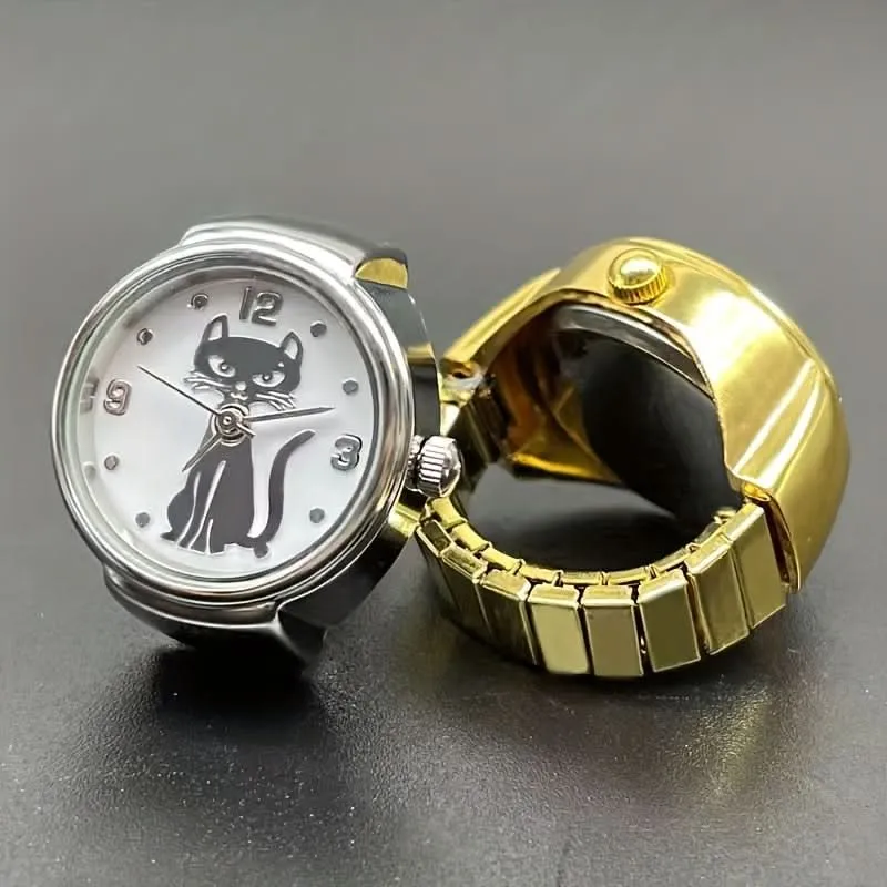 Cute Cartoon Cat Quartz Ring Watch – Unisex, Elastic, Gift Idea