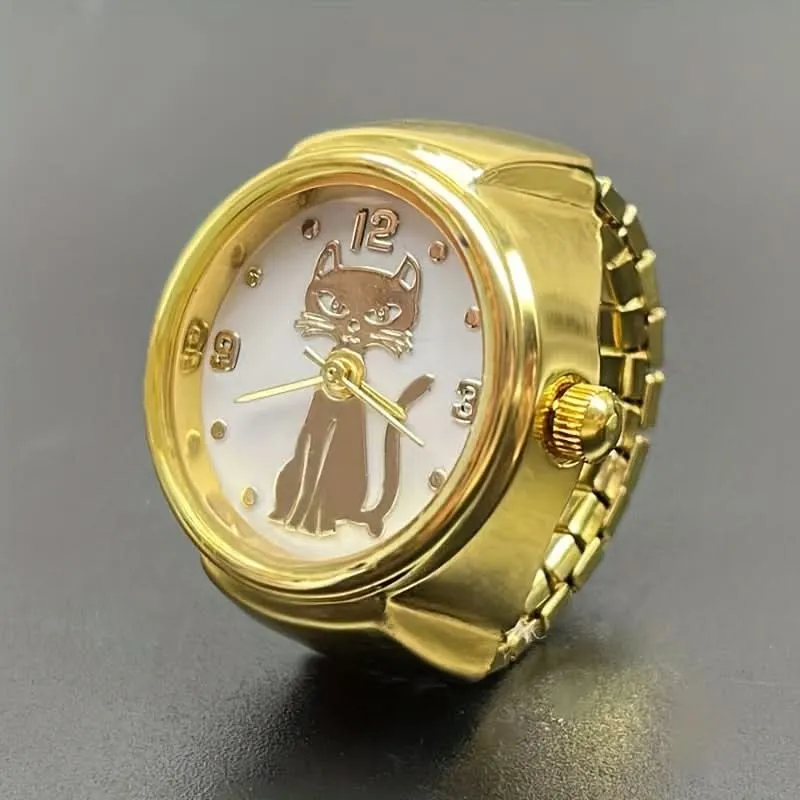 Cute Cartoon Cat Quartz Ring Watch – Unisex, Elastic, Gift Idea