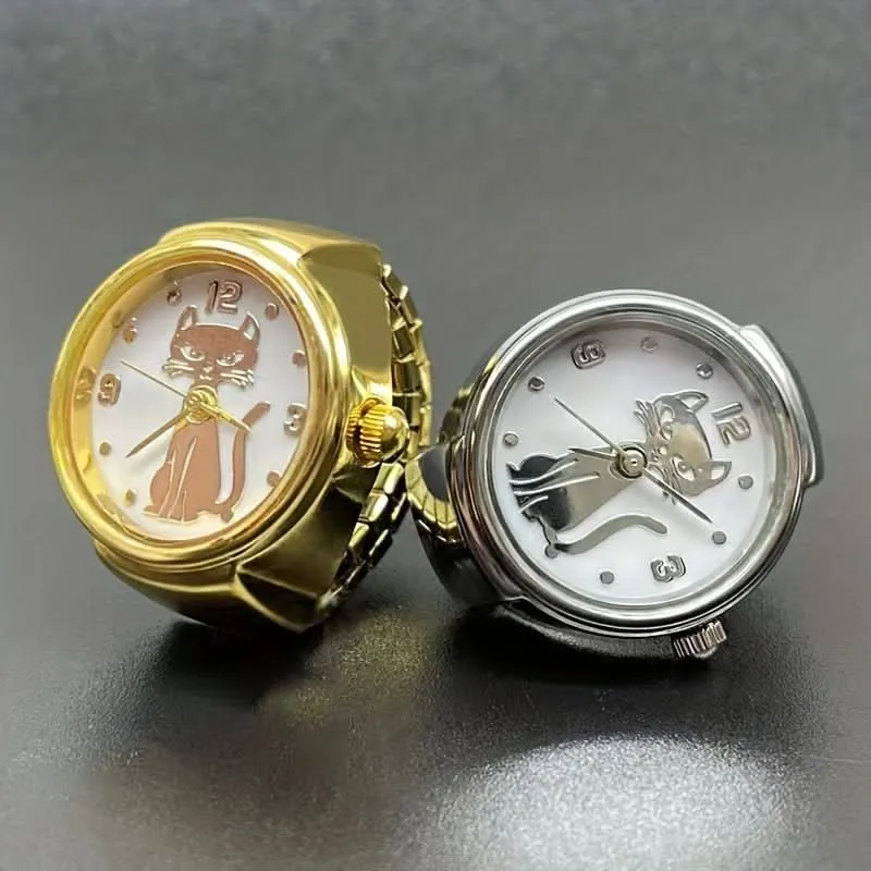 Cute Cartoon Cat Quartz Ring Watch – Unisex, Elastic, Gift Idea