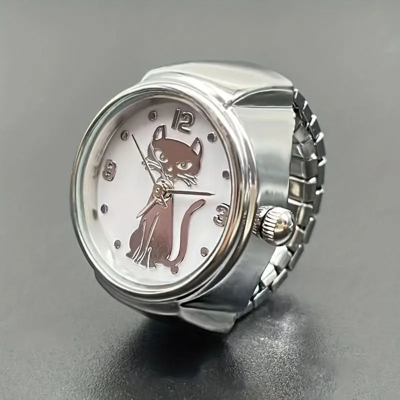 Cute Cartoon Cat Quartz Ring Watch – Unisex, Elastic, Gift Idea
