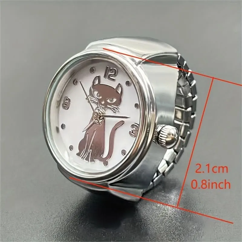 Cute Cartoon Cat Quartz Ring Watch – Unisex, Elastic, Gift Idea