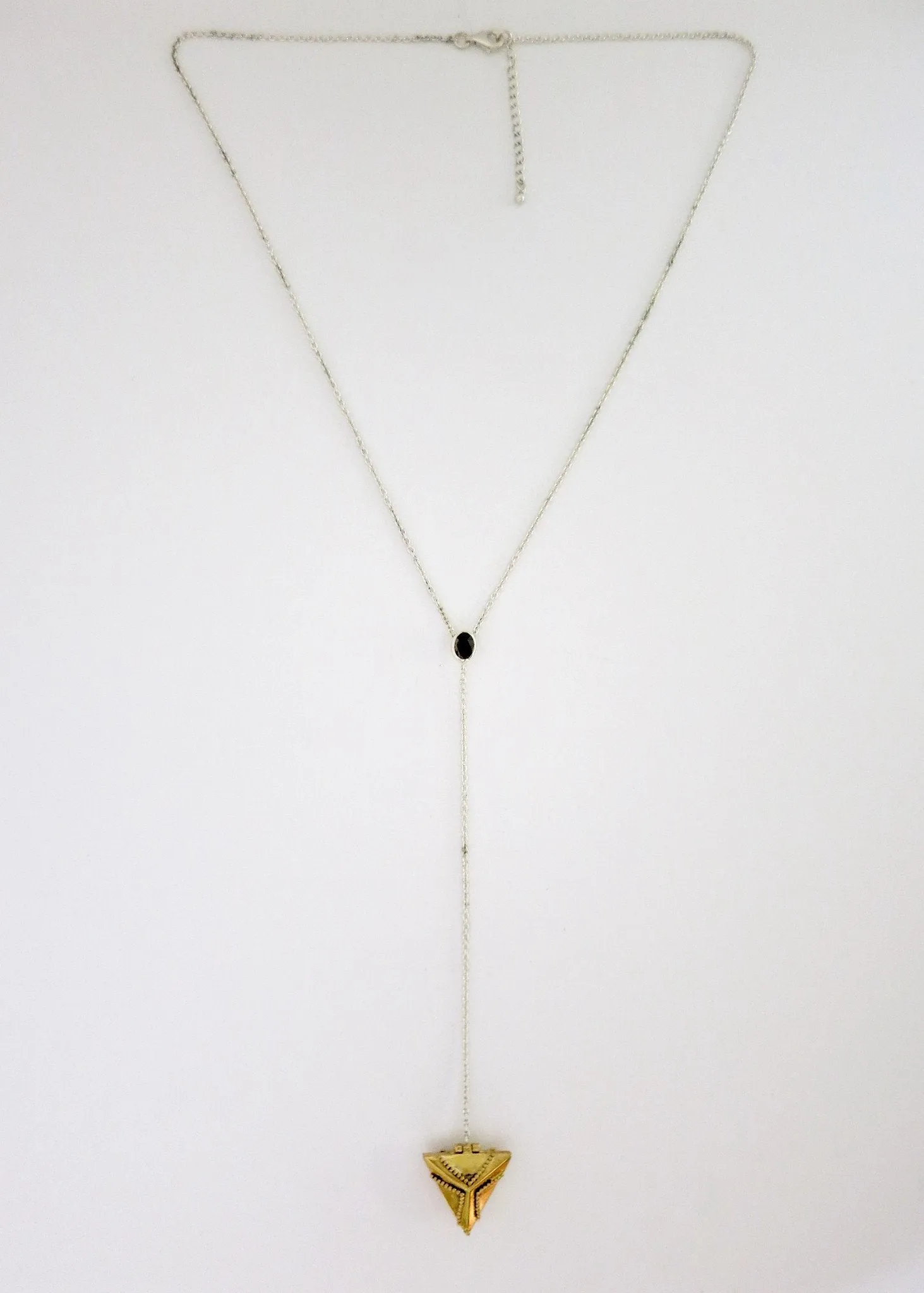 Dainty, long, bi-metal lariat necklace with gold plated brass triangular locket on sterling silver chain