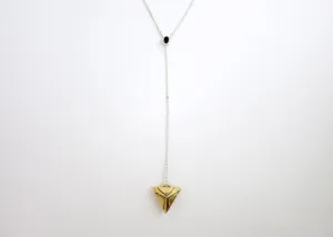Dainty, long, bi-metal lariat necklace with gold plated brass triangular locket on sterling silver chain