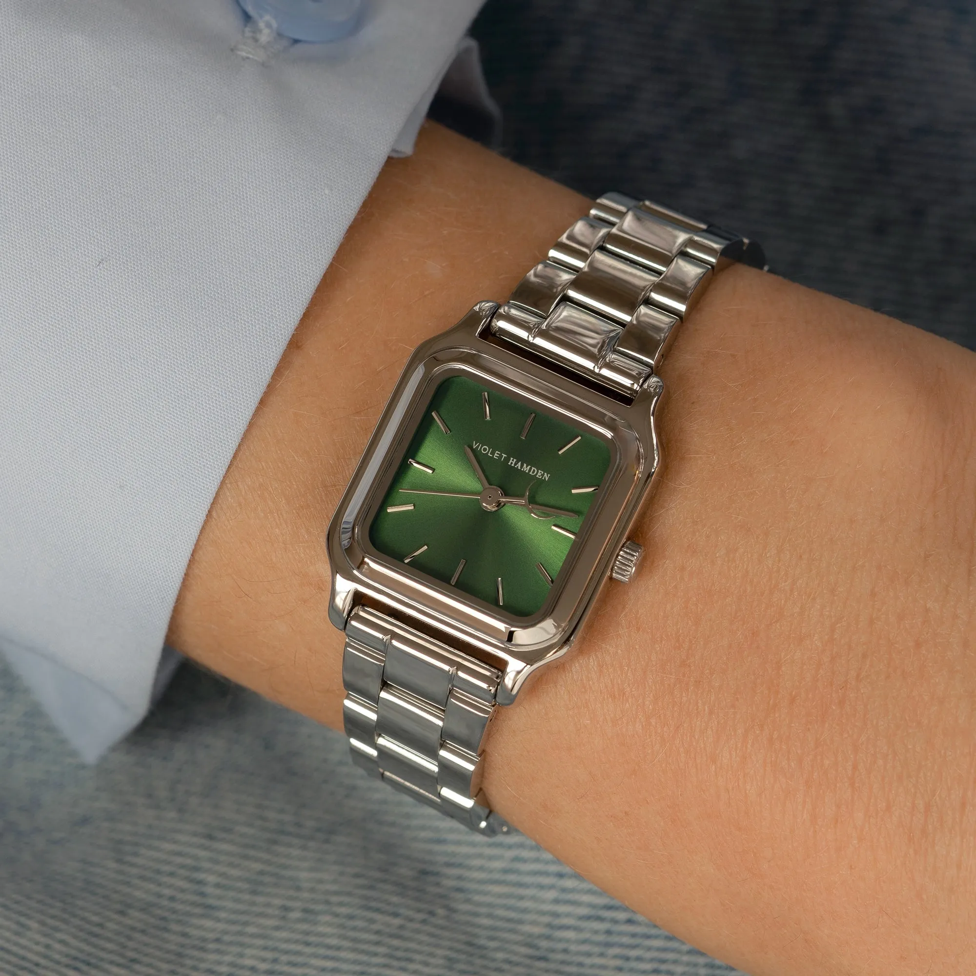 Dawn Base square ladies watch silver coloured and green