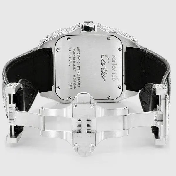 Diamond Cartier Santos 100 Stainless Steel Black Band Watch 11.8ct.