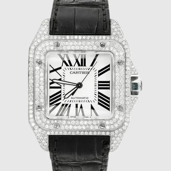 Diamond Cartier Santos 100 Stainless Steel Black Band Watch 11.8ct.