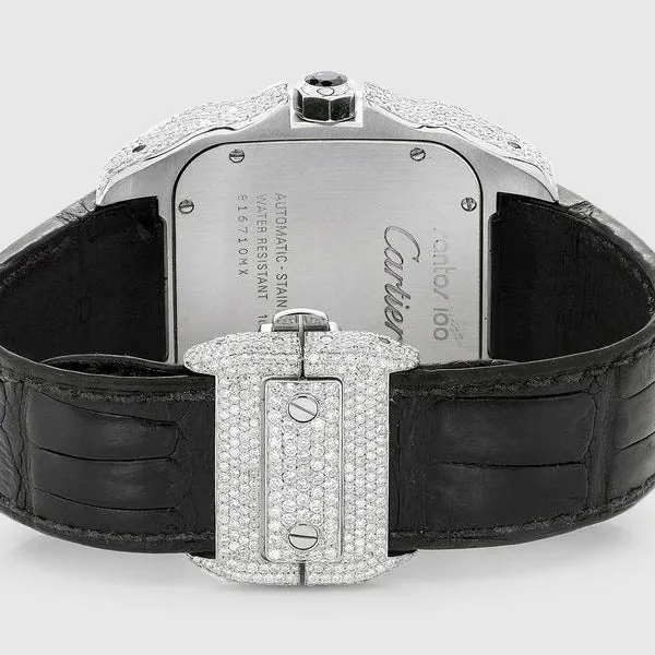 Diamond Cartier Santos 100 Stainless Steel Black Band Watch 11.8ct.