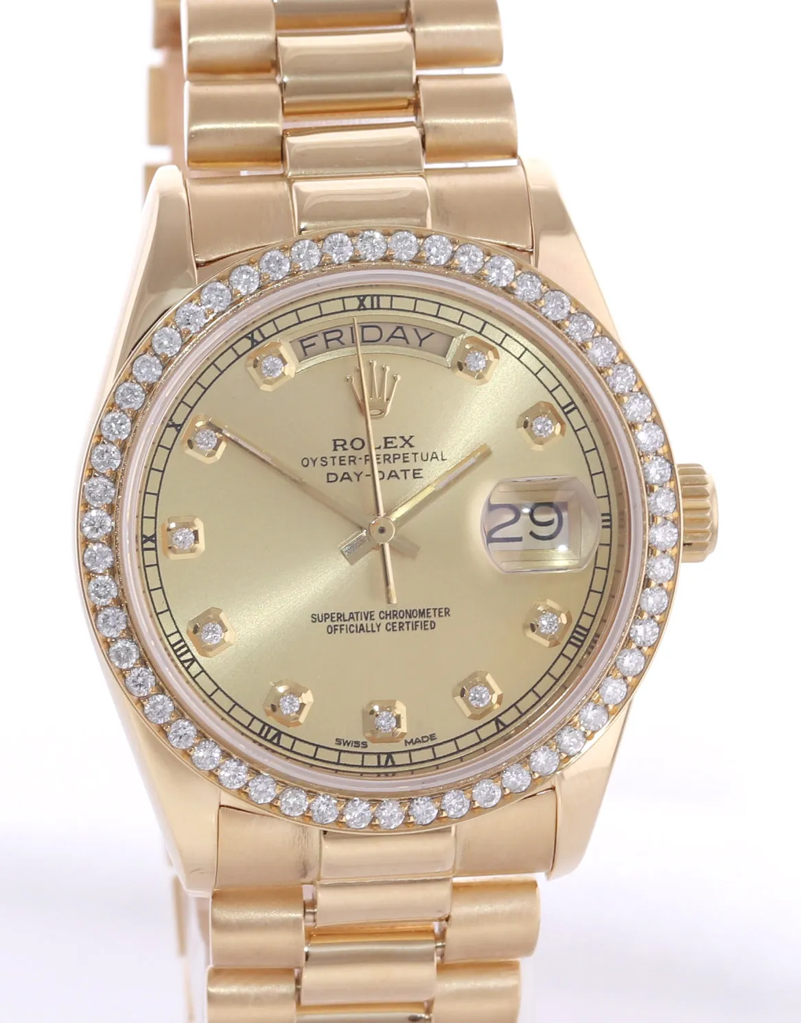 DIAMOND Rolex President Day Date Champagne 18038 Quick Yellow Gold Watch