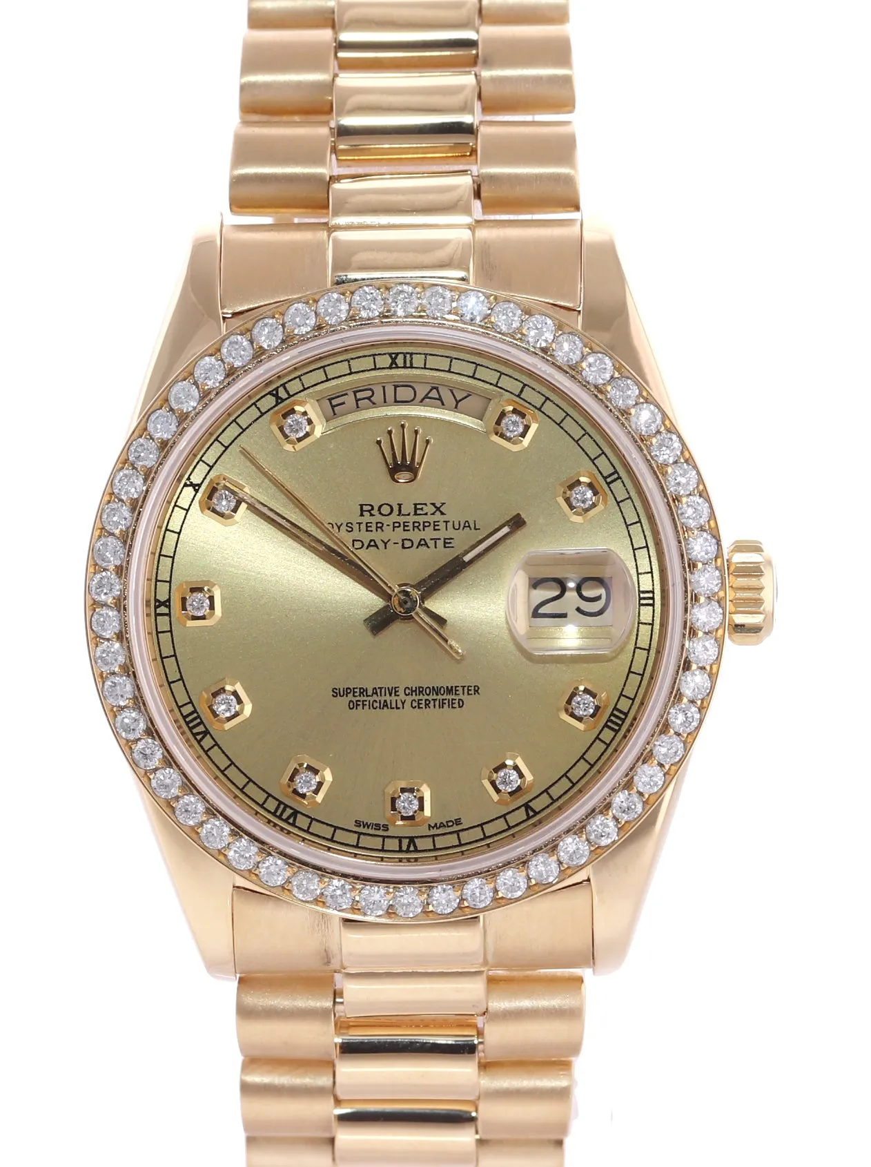 DIAMOND Rolex President Day Date Champagne 18038 Quick Yellow Gold Watch