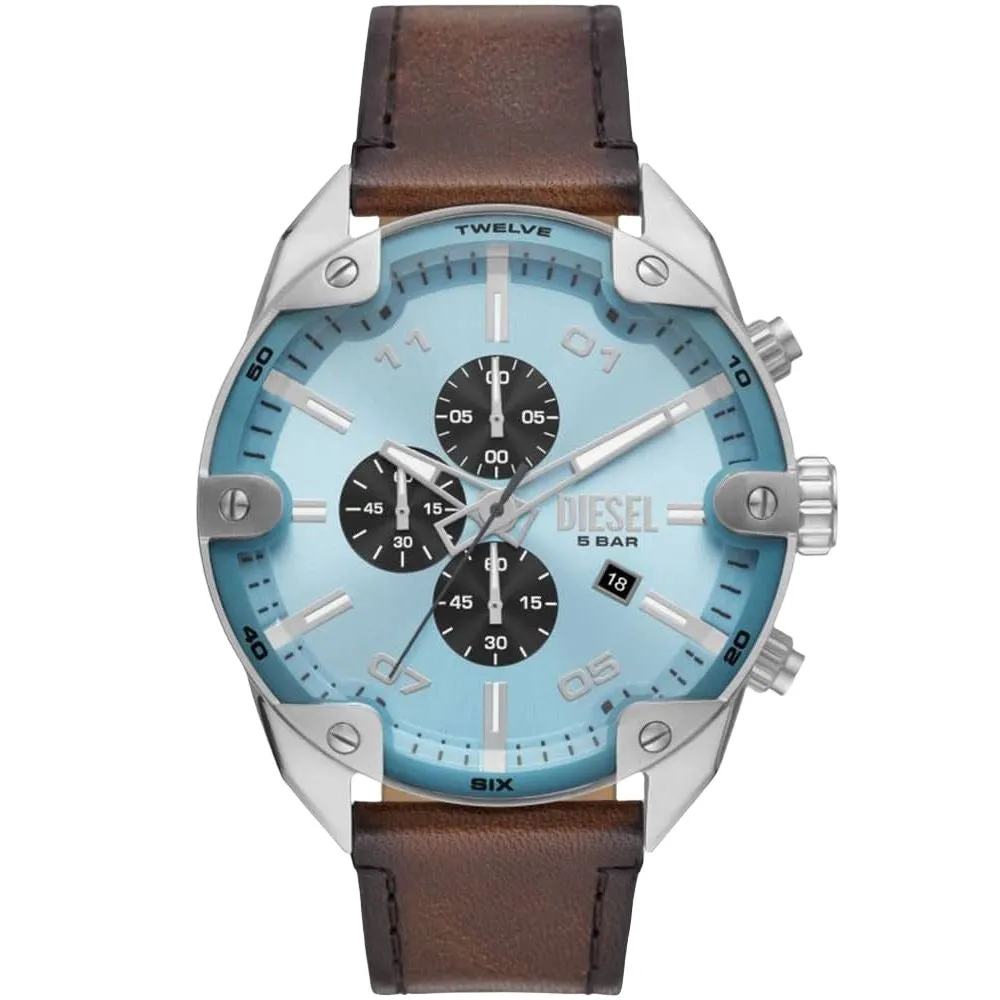 Diesel Spiked  Chronograph Gents Blue Sunray Dial Silver Stailess Steel Case Brown Leather Strap