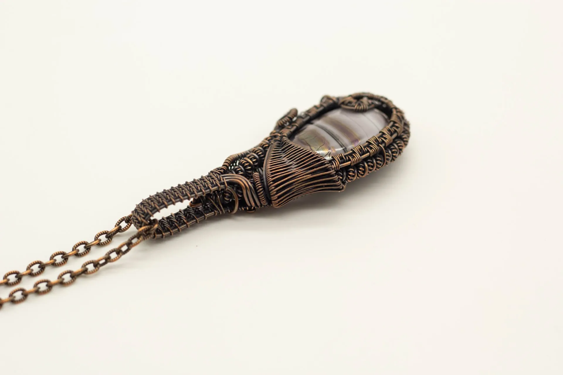 Double-sided Copper Statement Pendant with Grey Streaked Fused Glass
