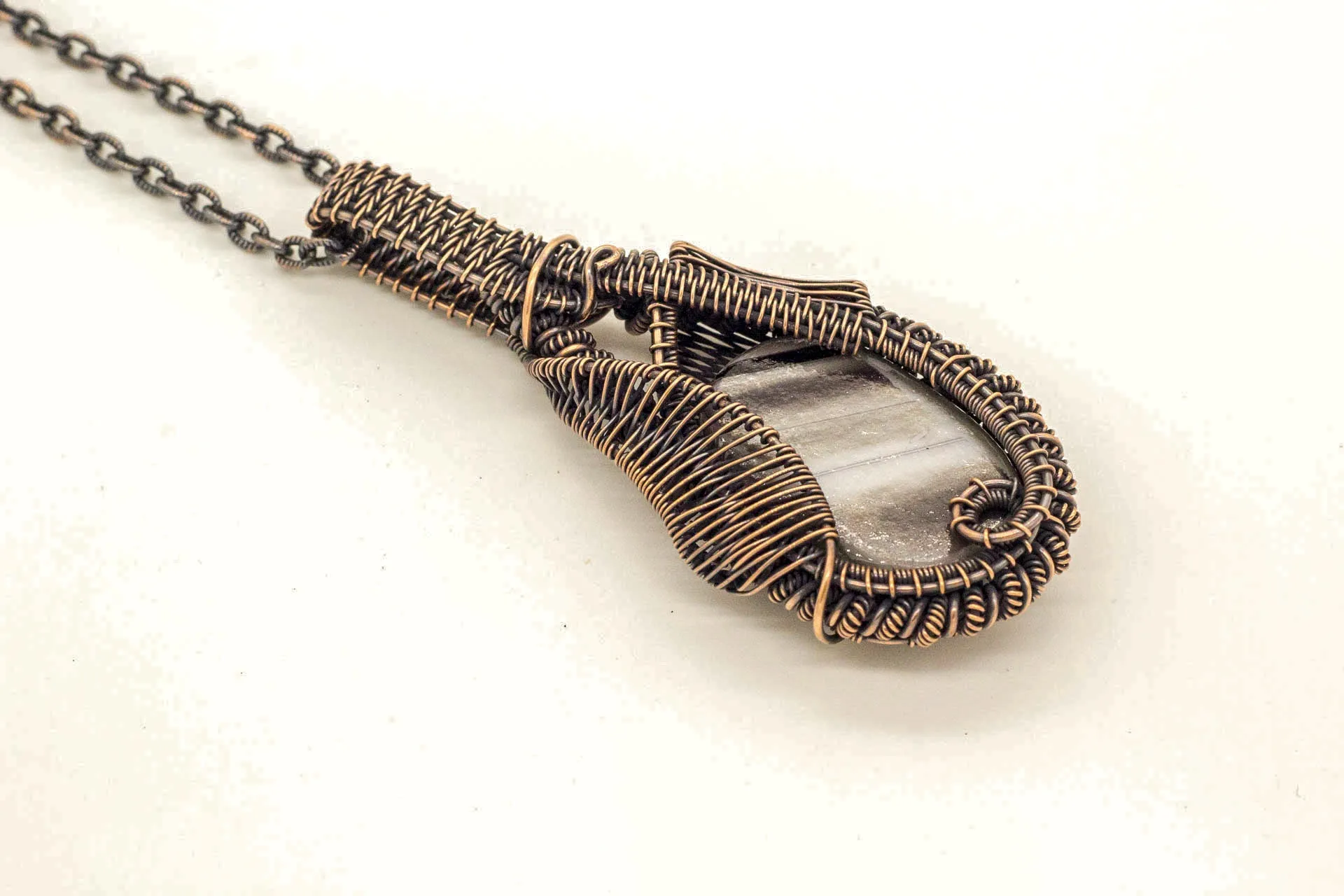 Double-sided Copper Statement Pendant with Grey Streaked Fused Glass