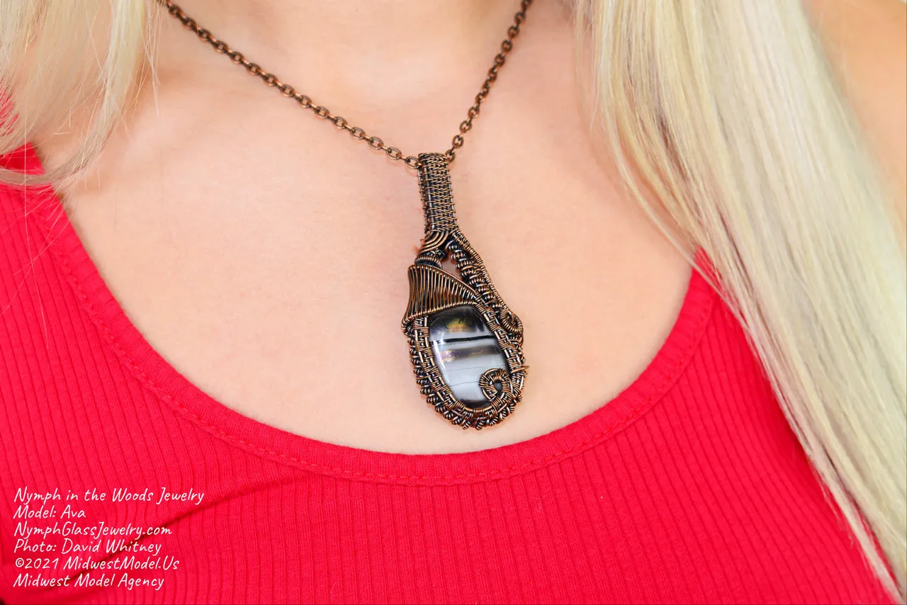 Double-sided Copper Statement Pendant with Grey Streaked Fused Glass