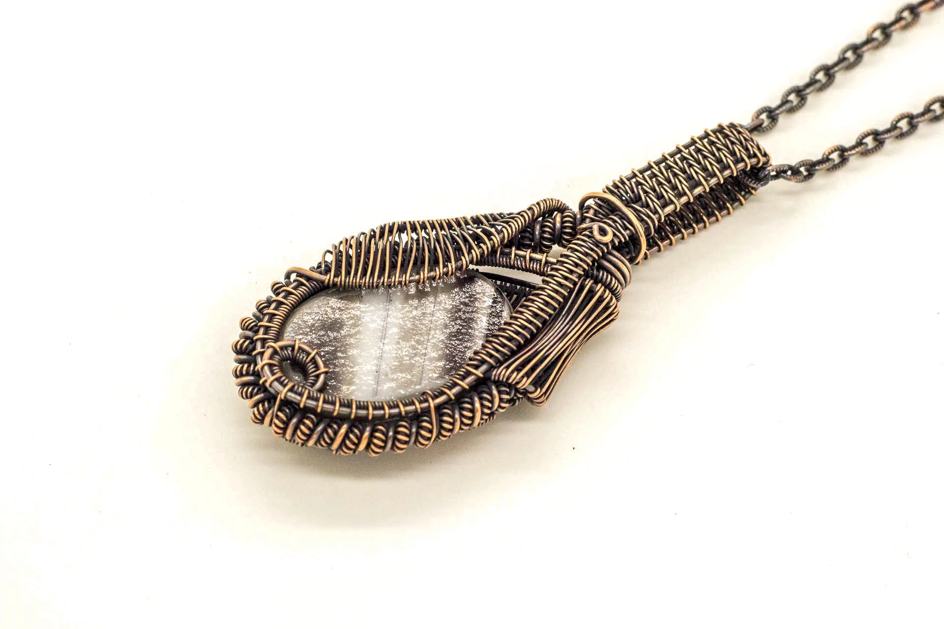 Double-sided Copper Statement Pendant with Grey Streaked Fused Glass