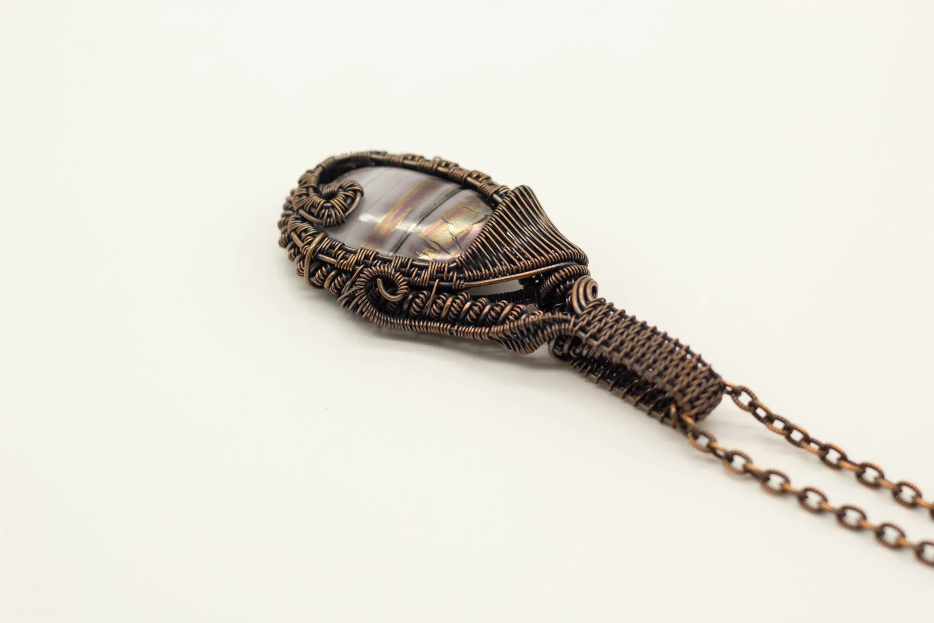 Double-sided Copper Statement Pendant with Grey Streaked Fused Glass