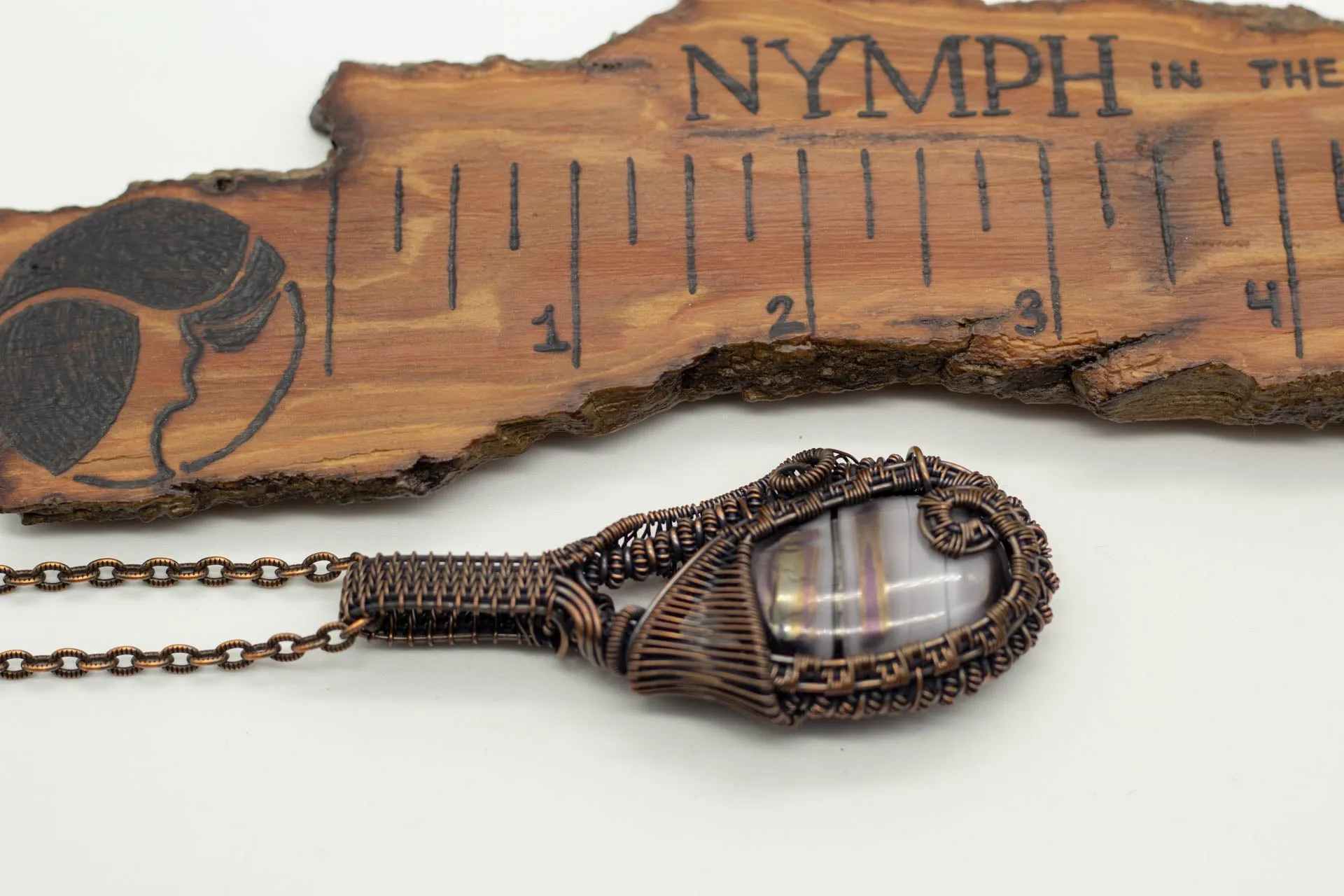 Double-sided Copper Statement Pendant with Grey Streaked Fused Glass