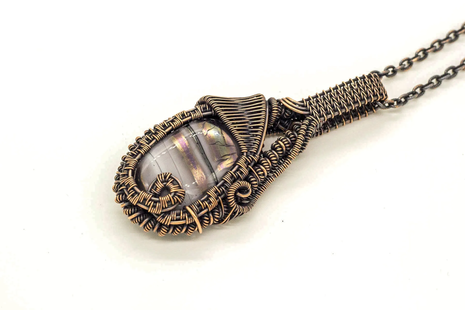 Double-sided Copper Statement Pendant with Grey Streaked Fused Glass