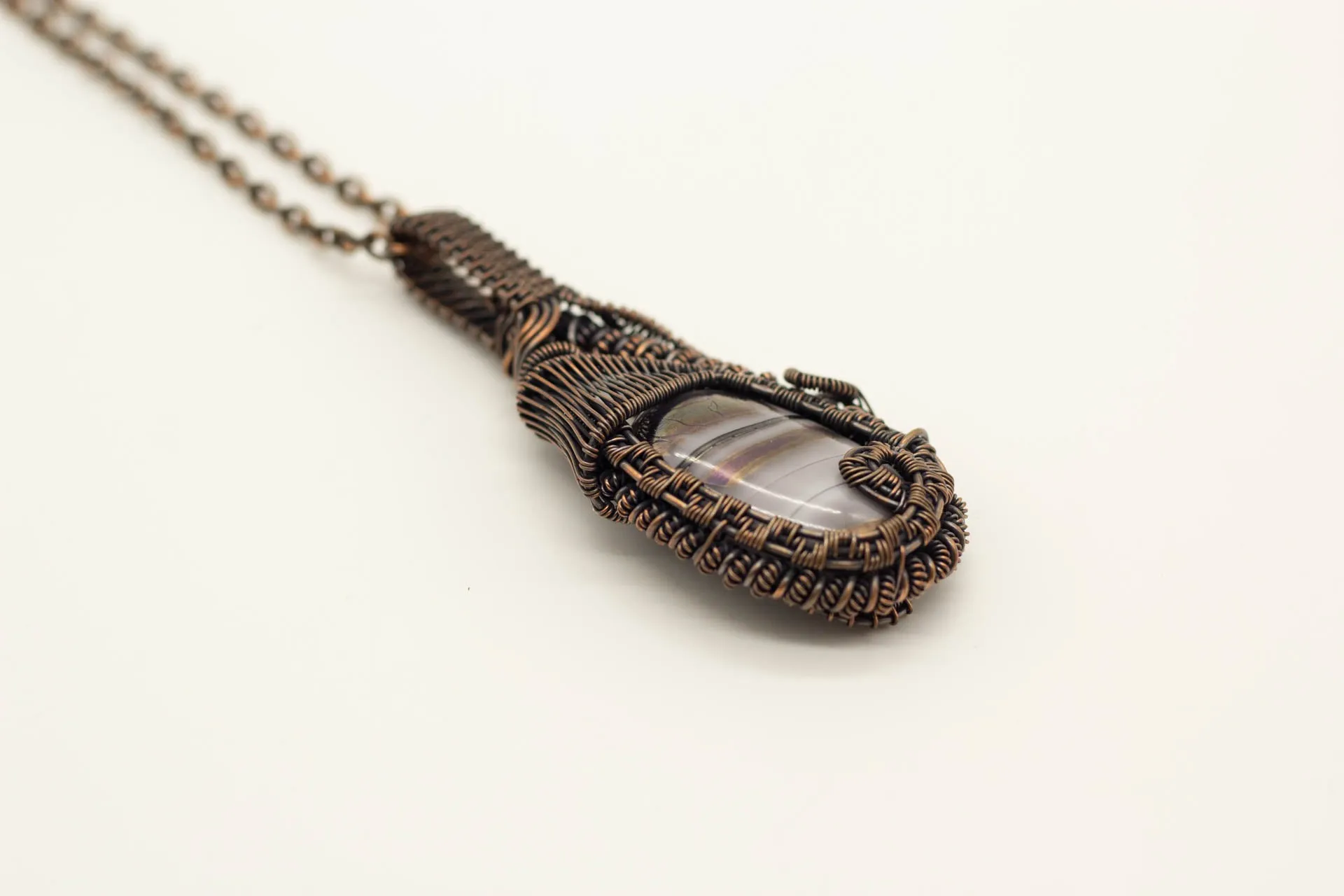 Double-sided Copper Statement Pendant with Grey Streaked Fused Glass