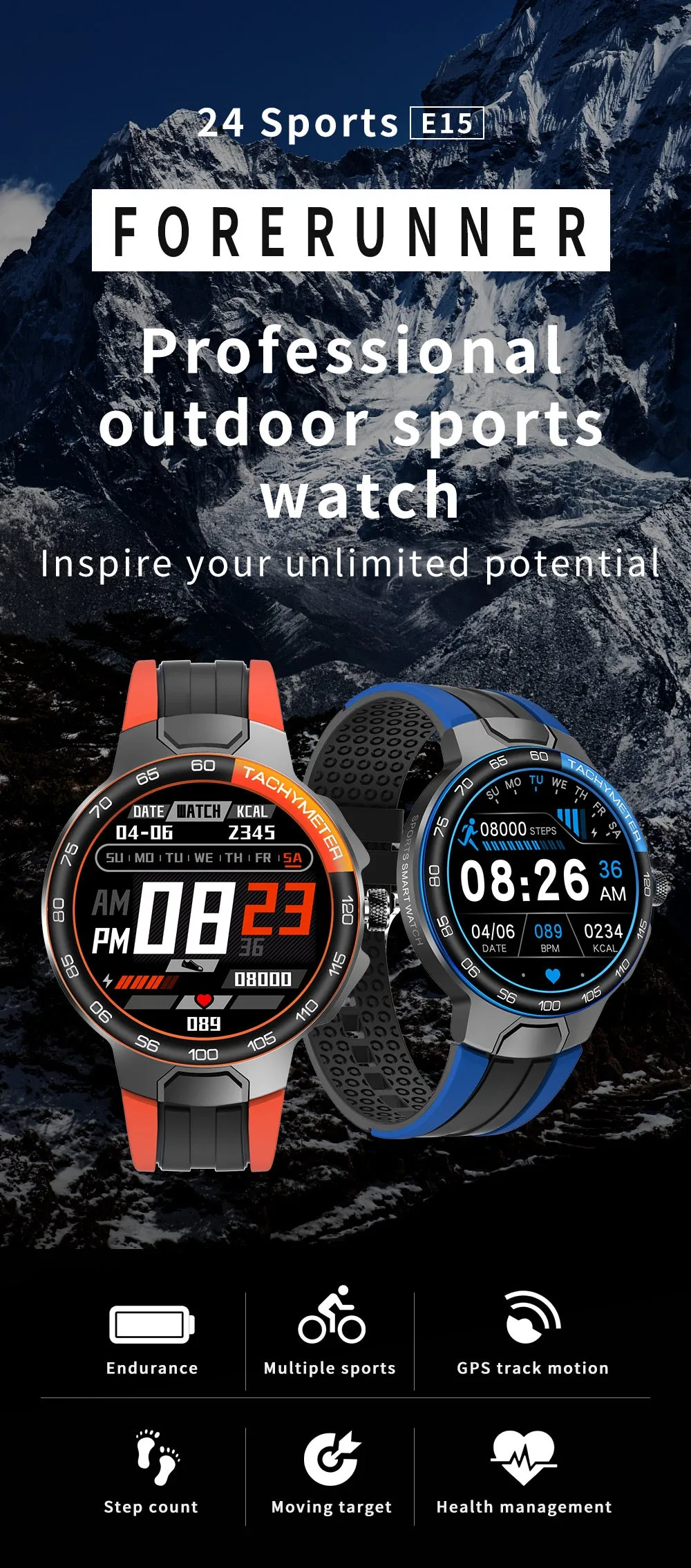 E15 Smart Watch Men Heart rate and blood pressure detection IP68 Water proof /Weather