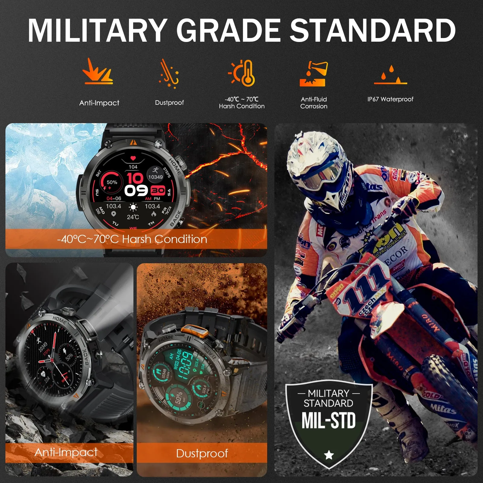 EIGIIS KE3 Sports Smart Watch For Men With Flashlight, LED Lighting, Answer/Make Calls, Outdoor Sports Watch, Fitness Tracker, Pedometer, HD Touch Smartwatch, Smart Watches Compatible With iPhone And Android Phones