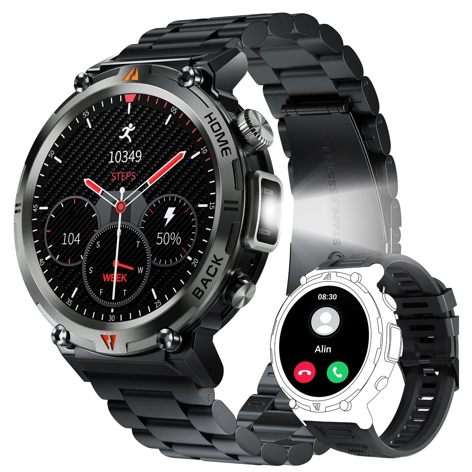 EIGIIS KE3 Sports Smart Watch For Men With Flashlight, LED Lighting, Answer/Make Calls, Outdoor Sports Watch, Fitness Tracker, Pedometer, HD Touch Smartwatch, Smart Watches Compatible With iPhone And Android Phones