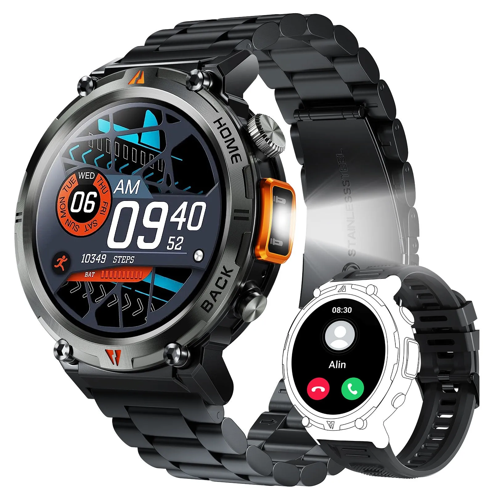EIGIIS KE3 Sports Smart Watch For Men With Flashlight, LED Lighting, Answer/Make Calls, Outdoor Sports Watch, Fitness Tracker, Pedometer, HD Touch Smartwatch, Smart Watches Compatible With iPhone And Android Phones