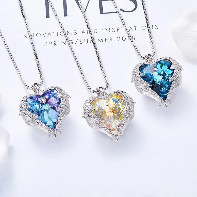 Elegant Women Silver Color Necklace Modern Embellished With Crystals From Stevvex Necklace Angel Wings Heart Luxury Pendant Valentines Gift