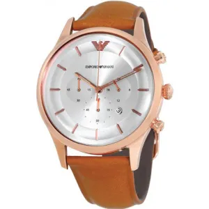 EMPORIO ARMANI Dress Brown Leather Strap Silver Dial Chronograph Quartz Watch for Gents - AR11043