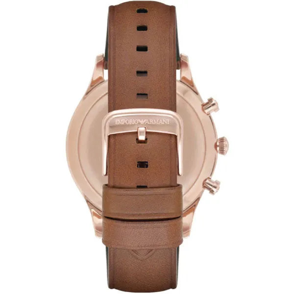 EMPORIO ARMANI Dress Brown Leather Strap Silver Dial Chronograph Quartz Watch for Gents - AR11043