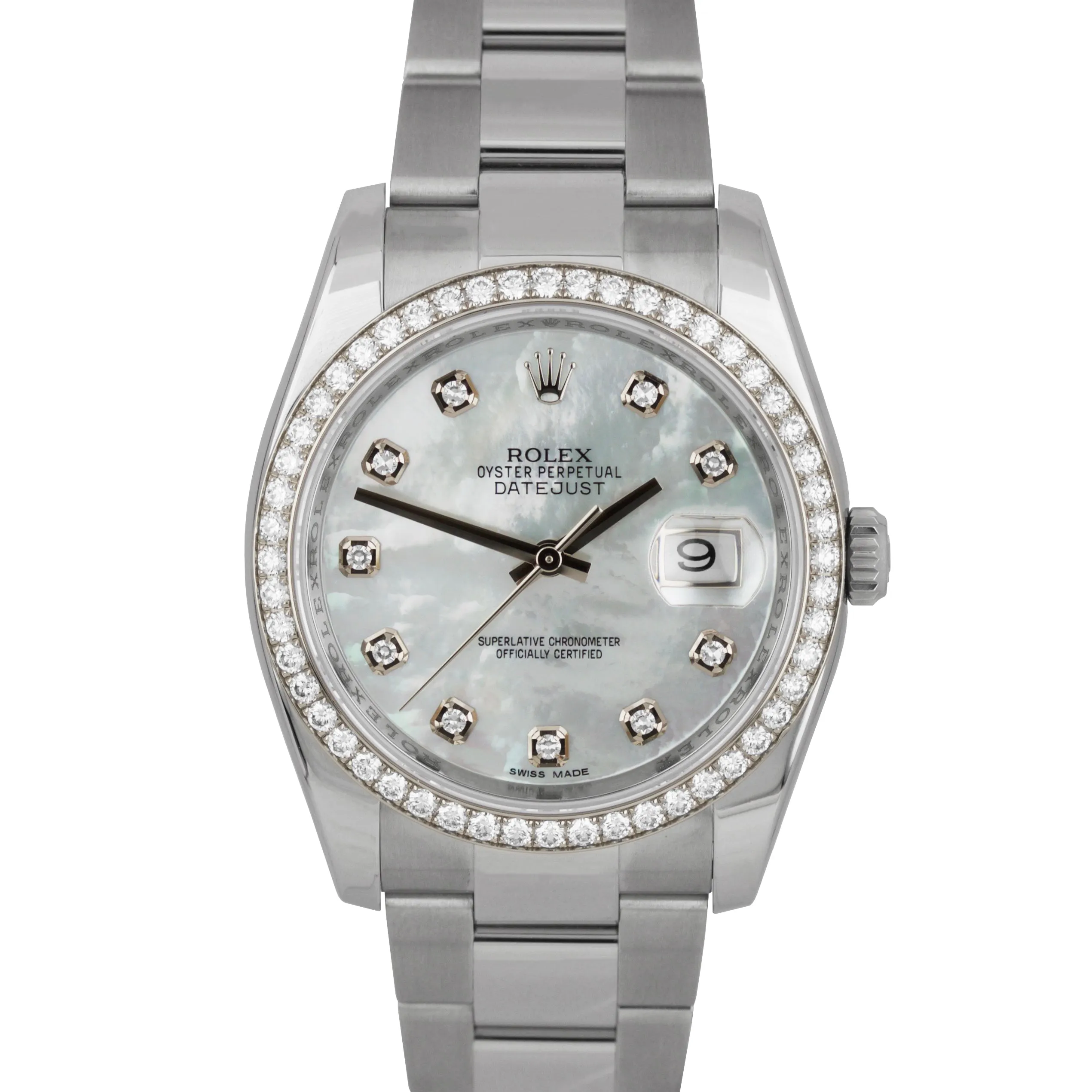 FACTORY DIAMOND Rolex DateJust White MOP 36mm Stainless Gold Oyster Watch 116244