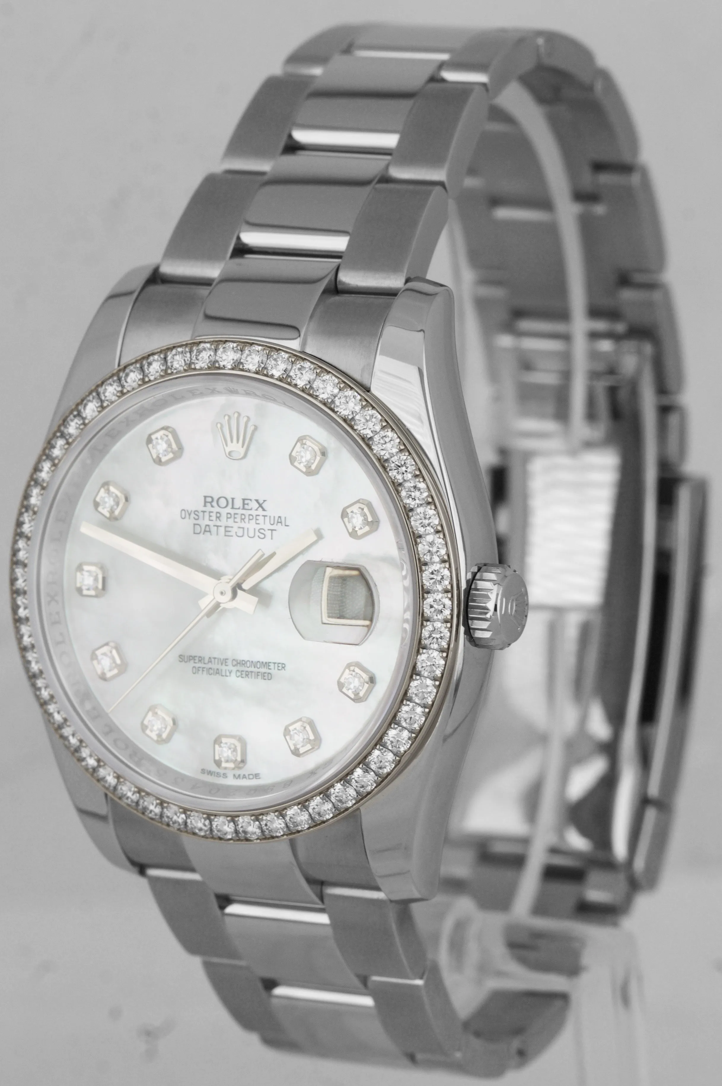 FACTORY DIAMOND Rolex DateJust White MOP 36mm Stainless Gold Oyster Watch 116244