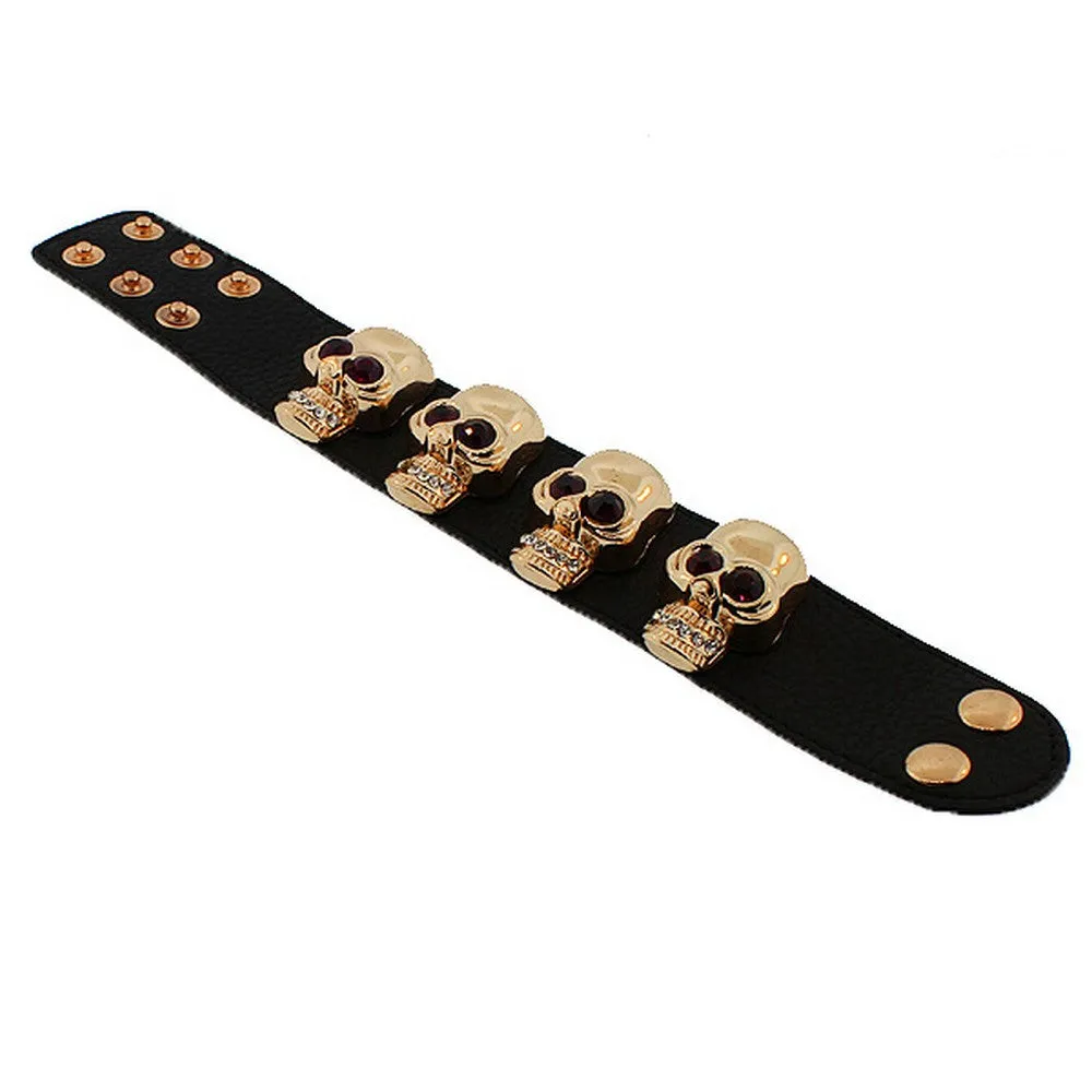 Fashion Alloy Black Faux PU Leather Rose Gold-Tone Skull CZ Wristband Bracelet