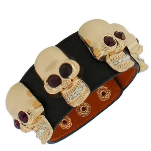Fashion Alloy Black Faux PU Leather Rose Gold-Tone Skull CZ Wristband Bracelet