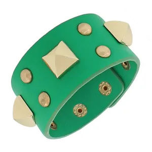 Fashion Alloy Green Faux PU Leather Rose Gold-Tone Spikes Wide Wristband Wrap Bracelet
