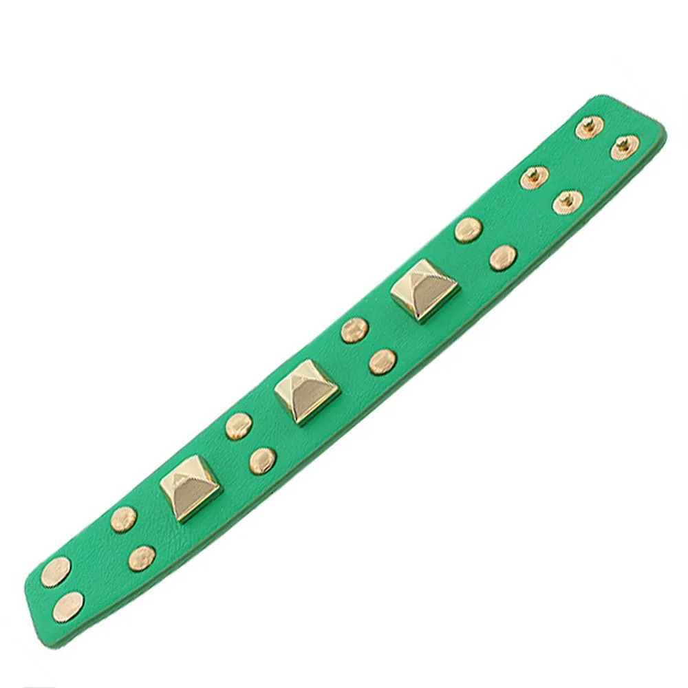 Fashion Alloy Green Faux PU Leather Rose Gold-Tone Spikes Wide Wristband Wrap Bracelet