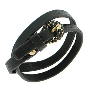 Faux Black Leather Rose Gold-Tone CZ Belt Buckle Wristband Wrap Bracelet