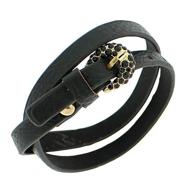 Faux Black Leather Rose Gold-Tone CZ Belt Buckle Wristband Wrap Bracelet