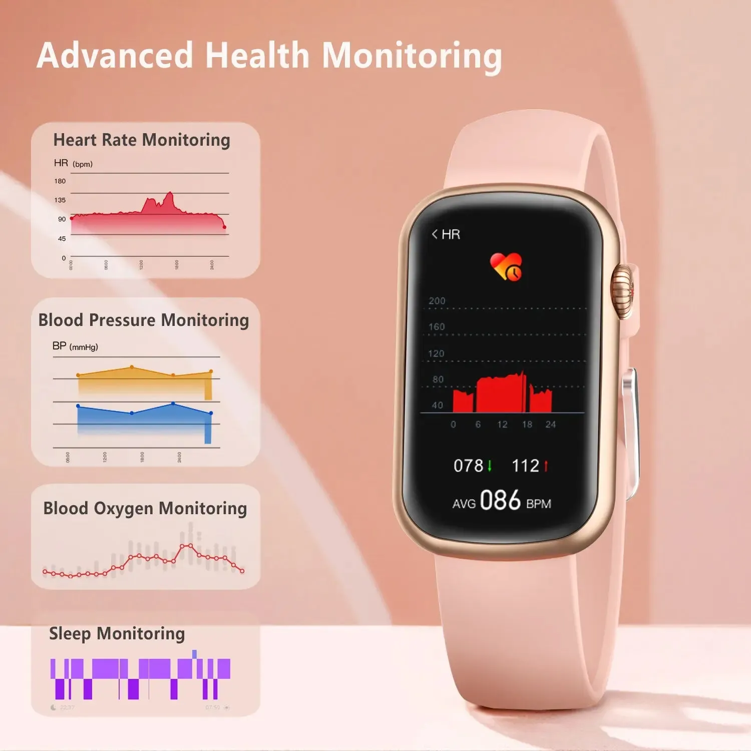 FITVII Slim Fitness Tracker with Blood Oxygen, Blood Pressure, 24/7 Heart Rate and Sleep Tracking, IP68 Waterproof Activity Trackers and Smart Watches with Step Tracker, Pedometer for Women Kids-Pink